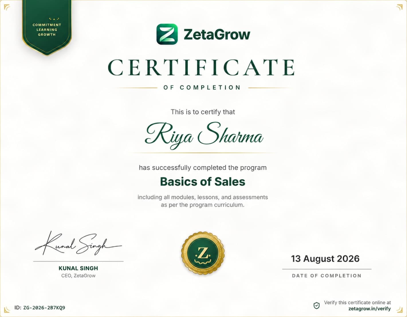 ZetaGrow verified certificate — Sales & Communication Essentials